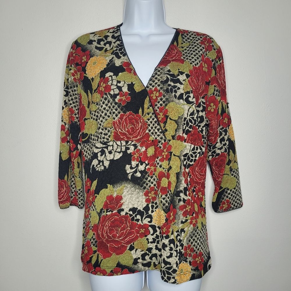 Vintage y2k 90s grunge faux wrap 3/4 sleeve flower print top size medium